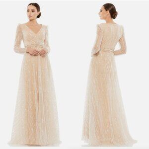 MAC DUGGAL 67859 LONG SLEEVE SILVER SEQUINS CHAMPAGNE GOWN  sz 14